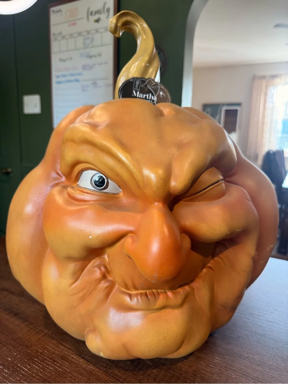 Martha Stewart Whimsical Orange Winking Pumpkin Sculpture with Gold Stem